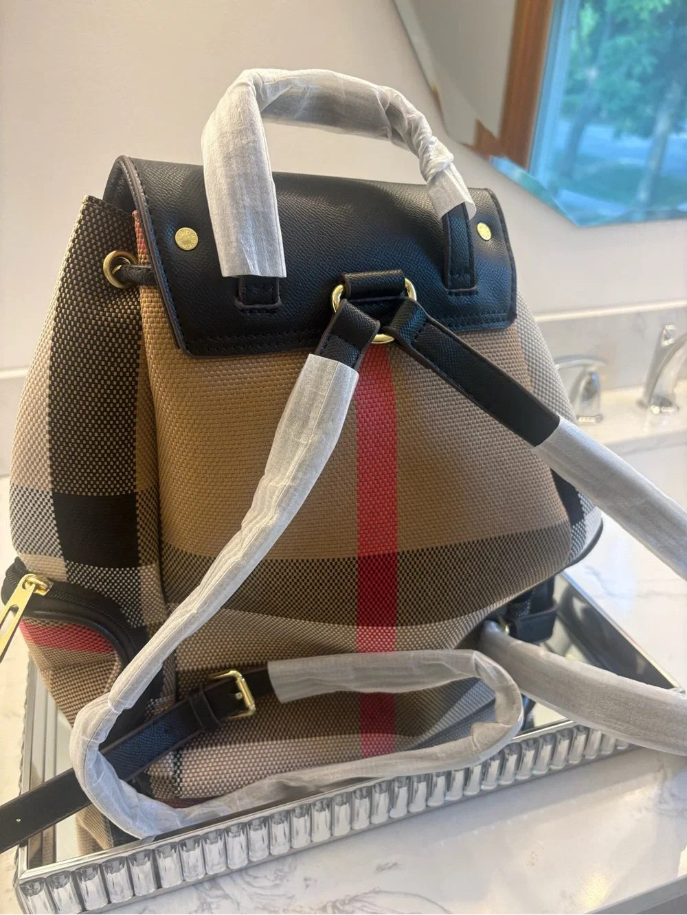 Designer-Inspired Tan Check Backpack with Black Trim and Red Stripe